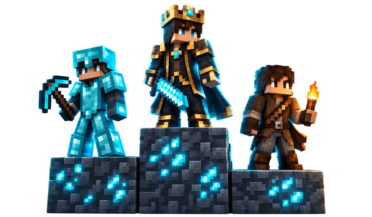 Three voxel champions on a stone podium, with the crowned winner in the center